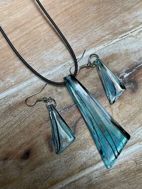 Handcrafted Sky Blue Glass Pendant Necklace and Earring Set